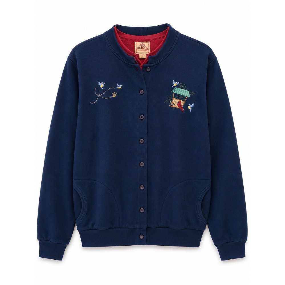 Top Stitch Morning Sun Vintage 80s Bird Embroidered Cardigan Sweatshirt Navy M